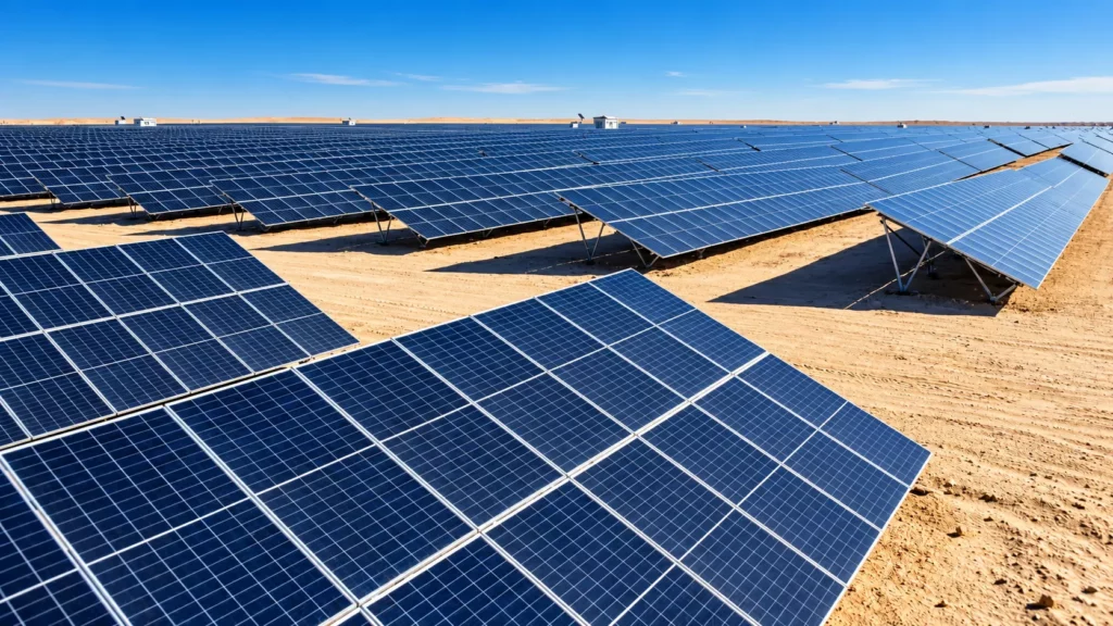 Vue aérienne de la centrale solaire de Foulia à El Oued, équipée de panneaux photovoltaïques sur 600 hectares.