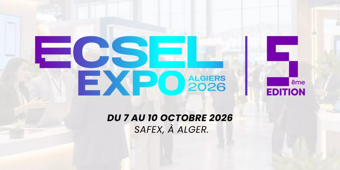 Illustration d’un salon du e-commerce avec des stands et des visiteurs à Alger